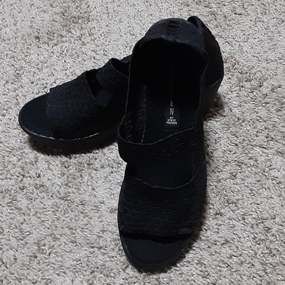 Women's Steve Madden Black Wedge Basket Weave Style Open Toe Shoes Size 8 - Picture 1 of 7